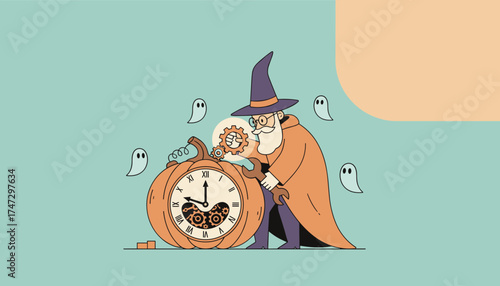 Magician adjusts a pumpkin clock with gears surrounded by ghosts Halloween time and fantasy concept