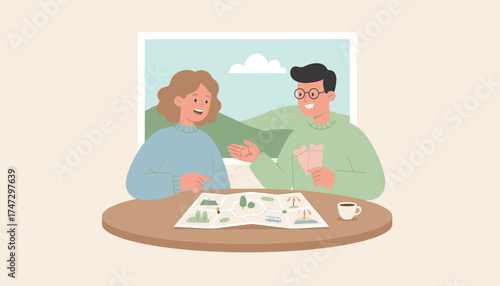 Happy couple planning travel with a map and tickets discussing their next adventure