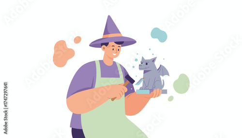 Smiling artist carving a stone gargoyle expressing creativity and skill in a hobby setting