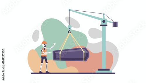 Skeleton worker directing crane lifting coffin Concept of death labor final arrangements macabre
