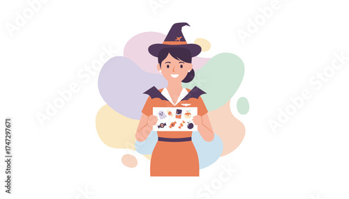 Smiling flight attendant in witch costume holds Halloween treats Holiday travel service