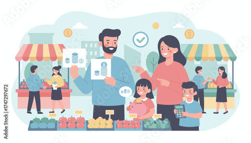 Family budgeting at a market teaching children about saving and smart spending