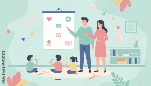 Happy family learning together in a bright playful room fostering childhood education and creativity