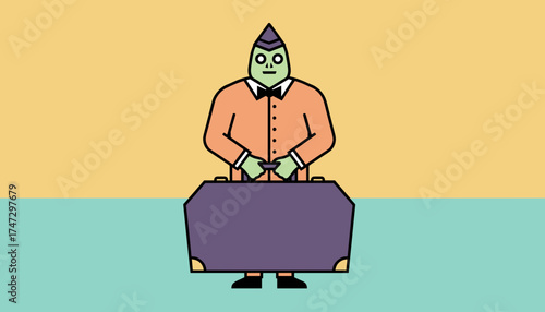 Stylized bellhop character holding a suitcase representing hospitality travel or service