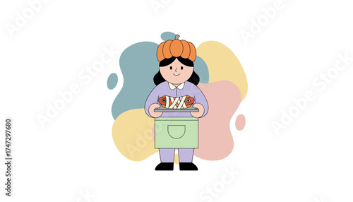 Smiling character in pumpkin hat holding mummy hot dogs perfect for Halloween fun