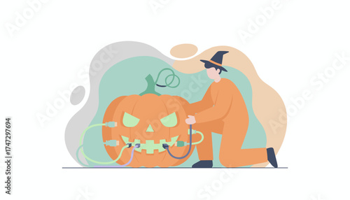 Halloween wizard connects cables to a glowing jackolantern blending magic and tech