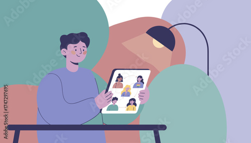 Happy person video calling diverse group on tablet Remote work social connection digital lifestyle