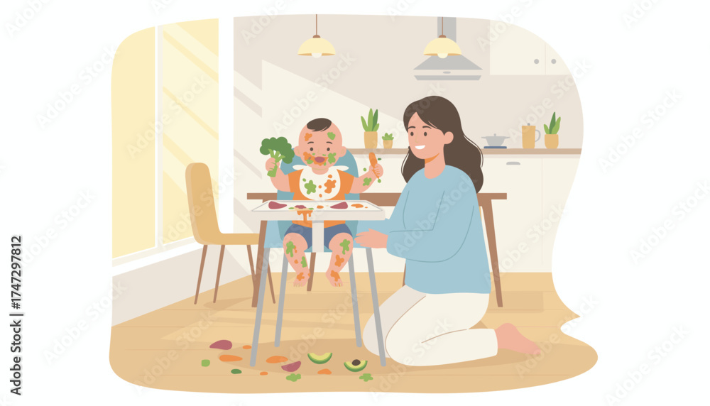 Fototapeta premium Joyful baby explores solid food creating a happy mess with loving mom in the kitchen