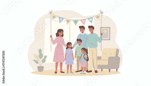 Diverse family happily celebrating at home holding a festive banner Joyful domestic lifestyle