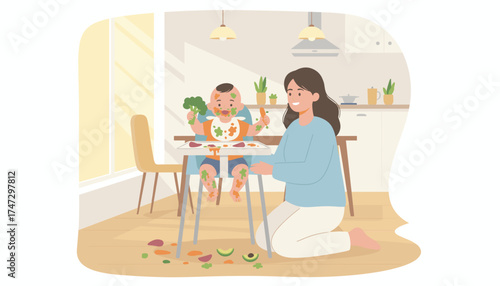 Joyful baby explores solid food creating a happy mess with loving mom in the kitchen