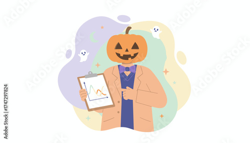 Pumpkinheaded business person presenting data graph with spooky ghosts Halloween marketing