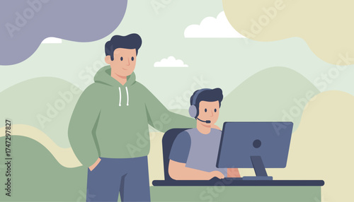 Man supports studentgamer at computer with headset teamwork and online learning