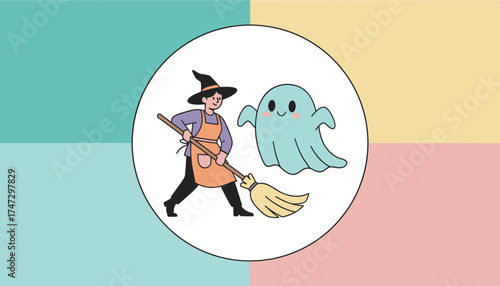 Friendly witch with broom and cute ghost preparing for a clean spooky Halloween celebration