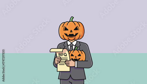 Halloween business professional with pumpkin head holds RFQ Seasonal corporate marketing concept