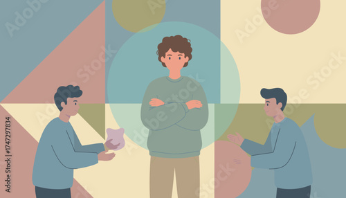 Young men collaborate discuss ideas or offer support in a modern abstract setting