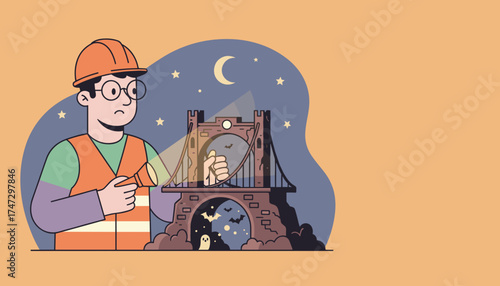 Engineer inspecting a spooky bridge at night with a flashlight revealing bats and a ghost