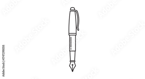 A simple, elegant line drawing of a classic fountain pen with a nib and clip.