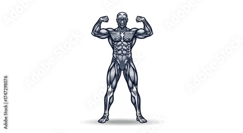 Anatomical illustration of a muscular male figure flexing his biceps and showing off his physique.