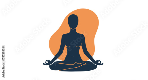 Stylized silhouette of a person meditating in a lotus yoga pose with an abstract orange background, promoting peace and wellness.