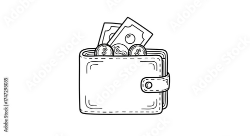 A detailed illustration of a wallet, filled with cash and coins, representing finance.