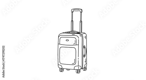 A black and white illustration of a rolling suitcase with handle extended, ready for travel.