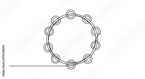 A circular shape with smaller circles around its perimeter, connected by a line.