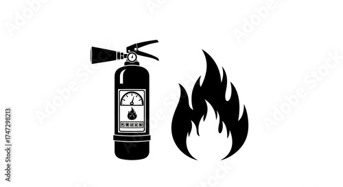 A black and white illustration depicts a fire extinguisher next to a flame, symbolizing fire safety.