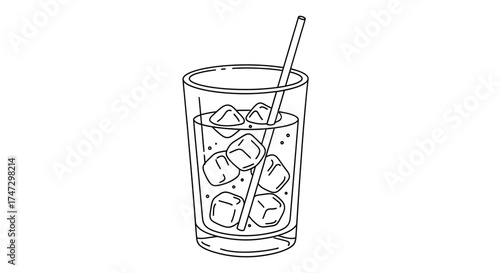 Illustration of a glass filled with ice cubes and liquid, featuring a straw.