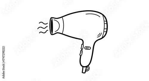 Simple line drawing of a hair dryer emitting hot air, isolated on a white background.