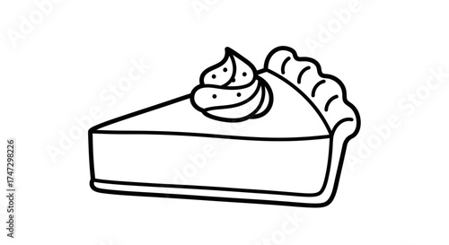 A simple black and white line drawing of a slice of pie topped with whipped cream.