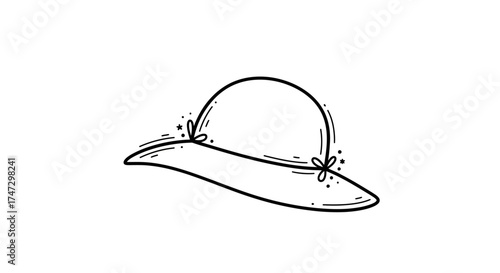 Illustration of a sun hat with a wide brim and floral accents, outlined in black against a white background.