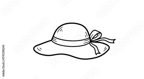 Simple line drawing of a sun hat with a ribbon tied in a bow, isolated on white.