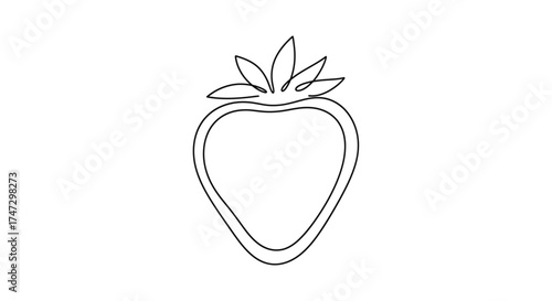 A simple, minimalist line drawing of a strawberry fruit with leaves, isolated on white.