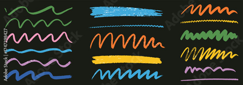 Colorful squiggly brush strokes, abstract wavy lines, hand-drawn texture elements, vibrant doodle curves, artistic design set, flat vector illustration