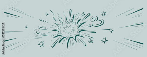 Comic explosion burst, dynamic star shape, impact lines, cartoon style, monochrome vector art, dramatic motion effect, flat vector illustration