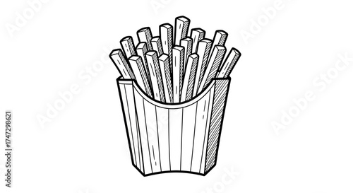 Hand-drawn illustration of french fries in a paper container, depicted in a black and white sketch style.