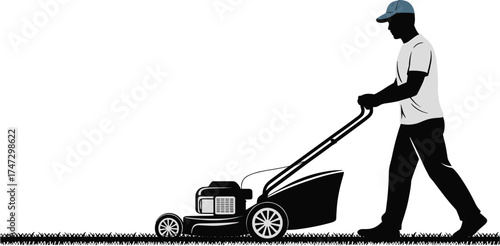 Lawn mowing silhouette, man with mower, outdoor yard work, grass cutting, landscaping activity, summer chore, flat design, editable vector illustration