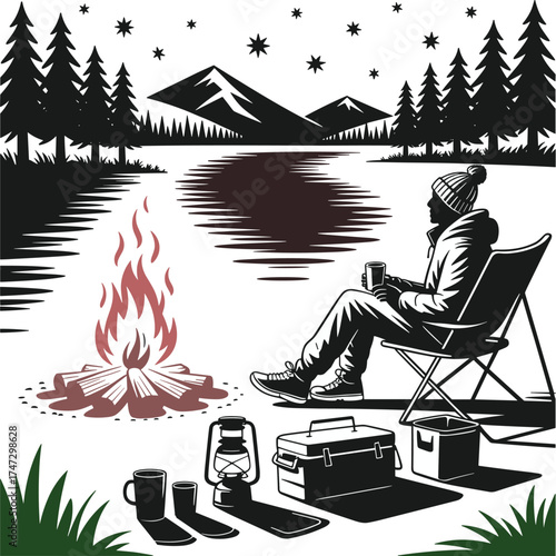 Lakeside camping scene, night campfire, forest mountain view, solo traveler, outdoor gear, peaceful nature, flat design, editable vector illustration