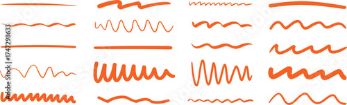 Orange abstract line strokes, wavy, zigzag, curly, spiral, decorative borders, hand-drawn sketch elements, flat vector illustration, design assets