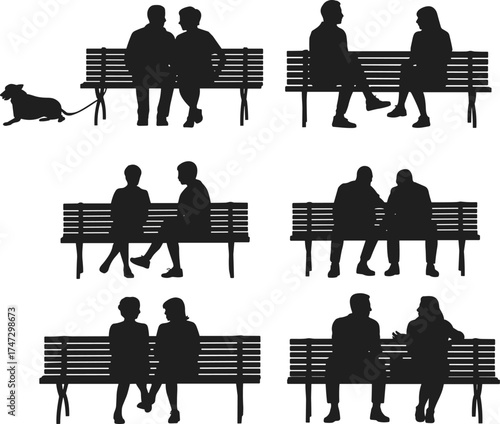 People sitting on benches, silhouette design, dog resting, public park scene, social interaction, flat vector illustration, minimal style, outdoor concept