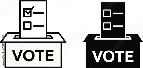 Voting ballot box icon, election concept, political participation, civic duty, check mark paper, democracy symbol, flat vector illustration