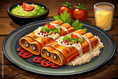 vector of Delicious enchiladas with rice and salsa are placed in a stylish black dish on a wooden table...