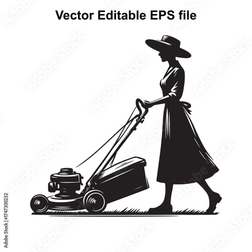 Vector art of silhouette of a woman in a hat mowing the lawn with a push mower