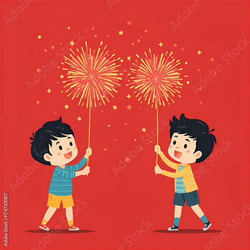 Two happy boys celebrating with sparklers on a red background with golden confetti