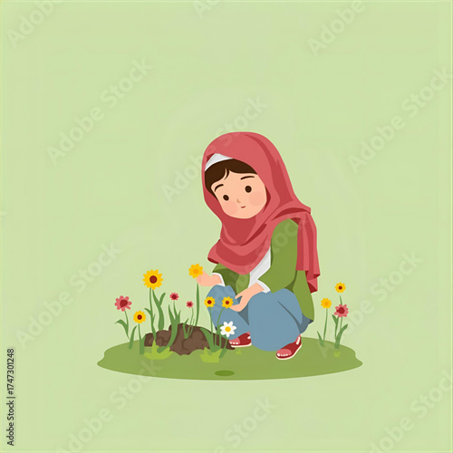 A young girl in a hijab gently tending to wildflowers in a verdant garden, symbolizing care and connection with nature