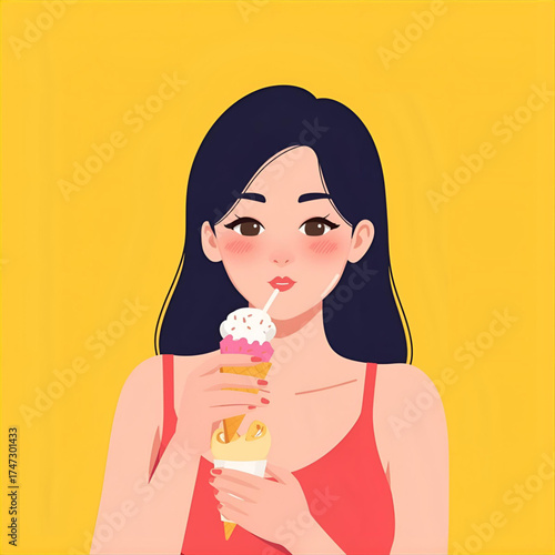 A young woman enjoying a refreshing ice cream cone on a sunny day, her sweet treat melting slightly
