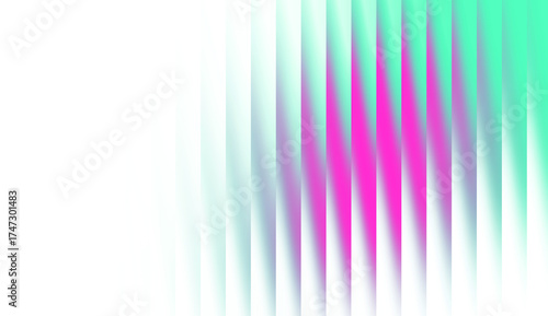 Abstract pink green gradient glossy ribbed glass effect on white background. Futuristic refracted Strips texture for cyber tech background, header, cover, poster, backdrop, wallpaper.