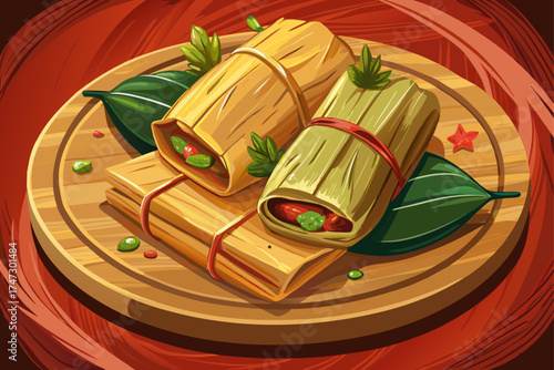 vector of Traditional Mexican tamales on a rustic wooden plate for culinary delight.