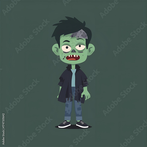 Cute yet eerie cartoon zombie boy character illustration, with green skin and ripped clothes, ideal for Halloween, horror-themed projects, or playful monster game assets and designs