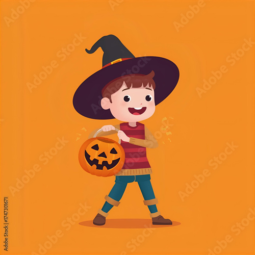 A Happy Young Boy Dressed in a Witch Hat, Holding a Jack-o'-lantern Trick-or-Treat Bucket for Halloween Celebrations